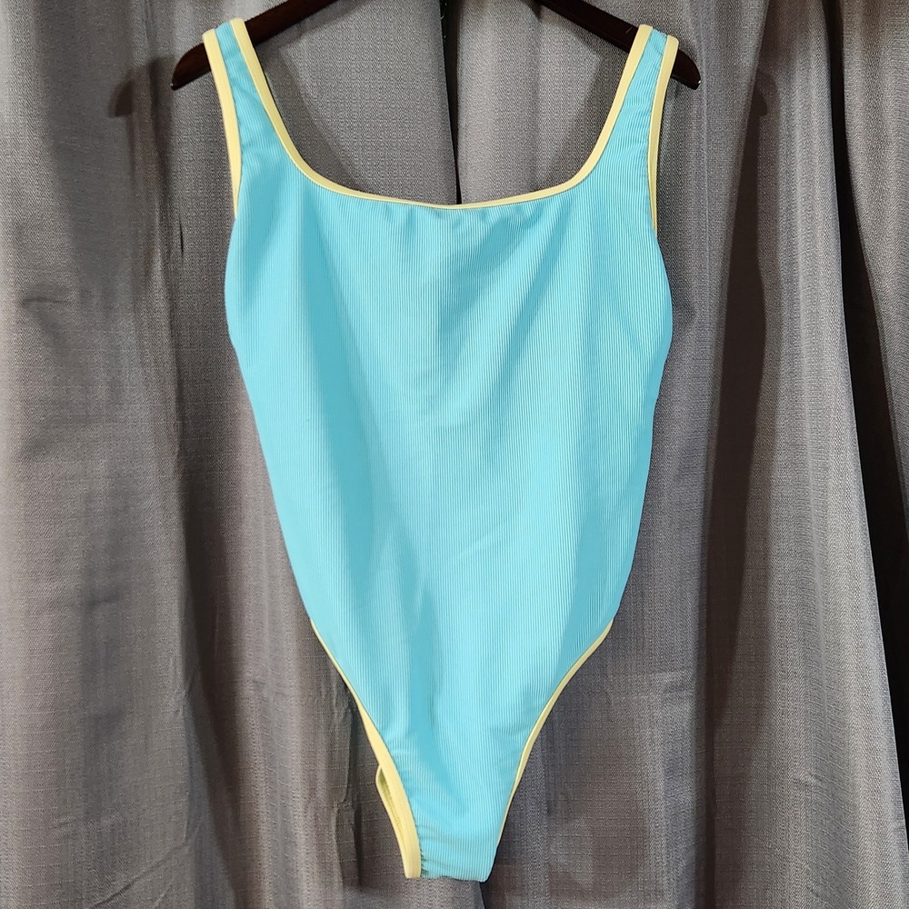 LainSnow Womens XXL Ribbed One Piece Swimsuit Turquoise Blue Yellow Trim USA